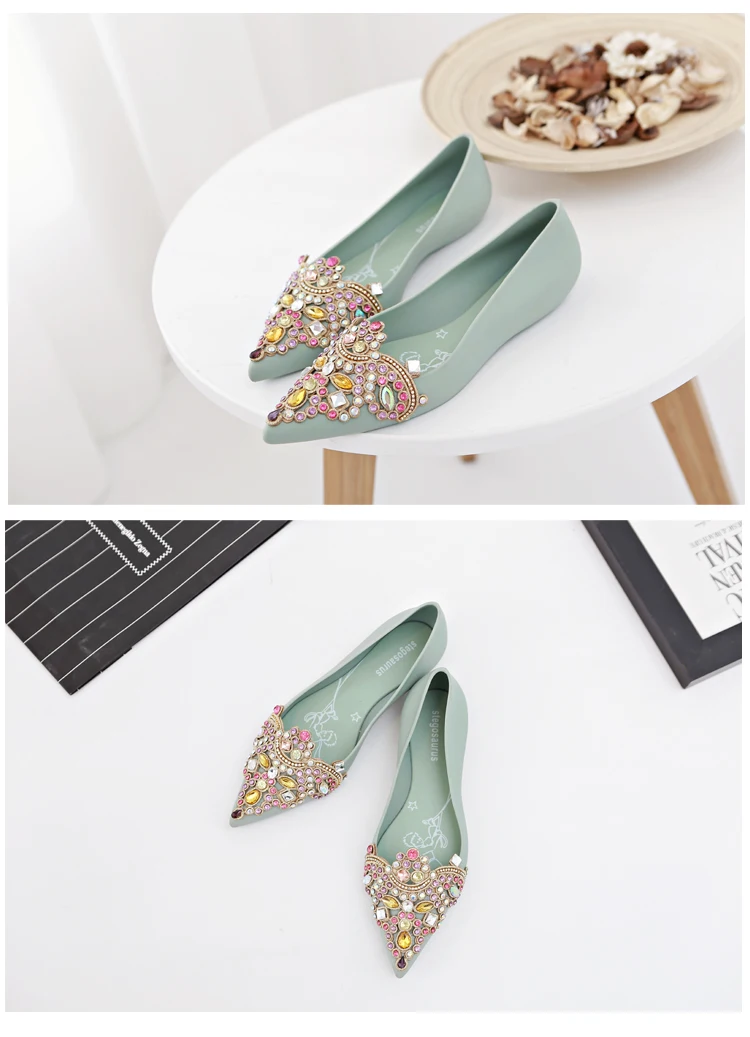 Women's Soft Rhinestones Crystal Pointed Toe Flat Sexy Loafers Sandals Jelly Candy Colors Casual Party Shoes Summer A1090