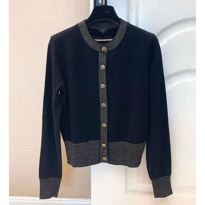 Cosmicchic Women Single Breasted Cashmere Cardigan Gold Line Beetle Button Brid Print Long Sleeve Sweater High Quality Knitted