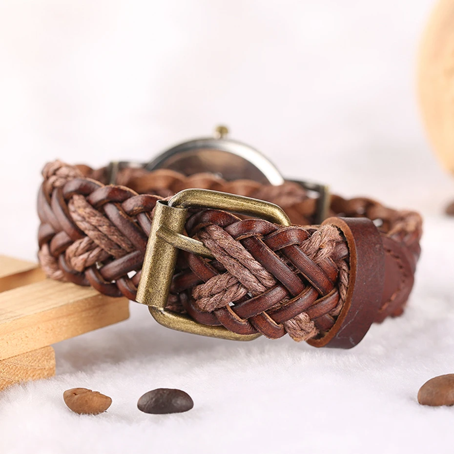 Bohemian Style Lady's Watches Handcraft Black Knitted Leather Watch Band Hollow Arabic Numerals Skeleton Casual  Bracelet Gift (23)