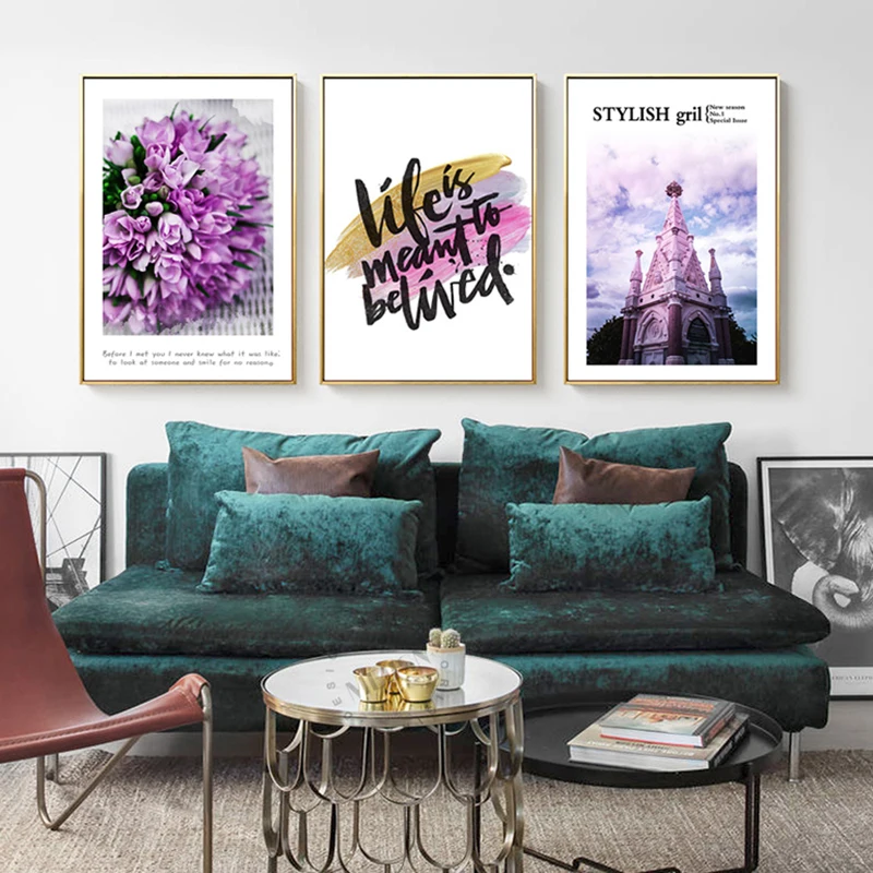 

Nordic Decoration Purple Flower Church Canvas Painting Life Quote Wall Art Posters and Prints Decorative Picture for Living Room