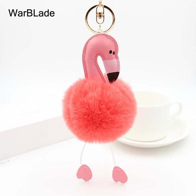 New Flamingo Pompom Keychain Fluffy Fake Rabbit Fur Ball Key Chain Porte clef Women Car Bag pompon Key Ring Accessories