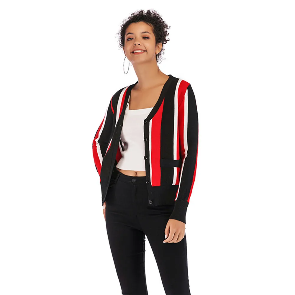 New colorblock vertical stripes knit cardigan V-neck long-sleeved sweater women New colorblock vertical stripes knit cardigan V-neck long-sleeved sweater women