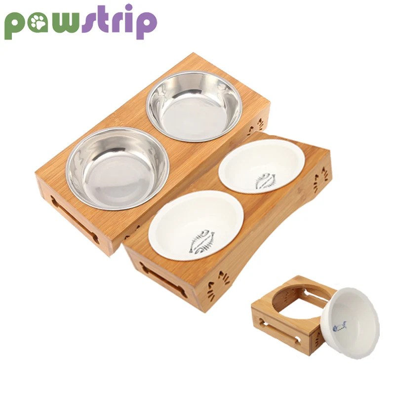 Pawstrip маленькая миска для собак бамбуковый держатель кормушка для кошек керамическая собачья двойная миски из нержавеющей стали Кормушка для щенка Съемная миска для домашних животных