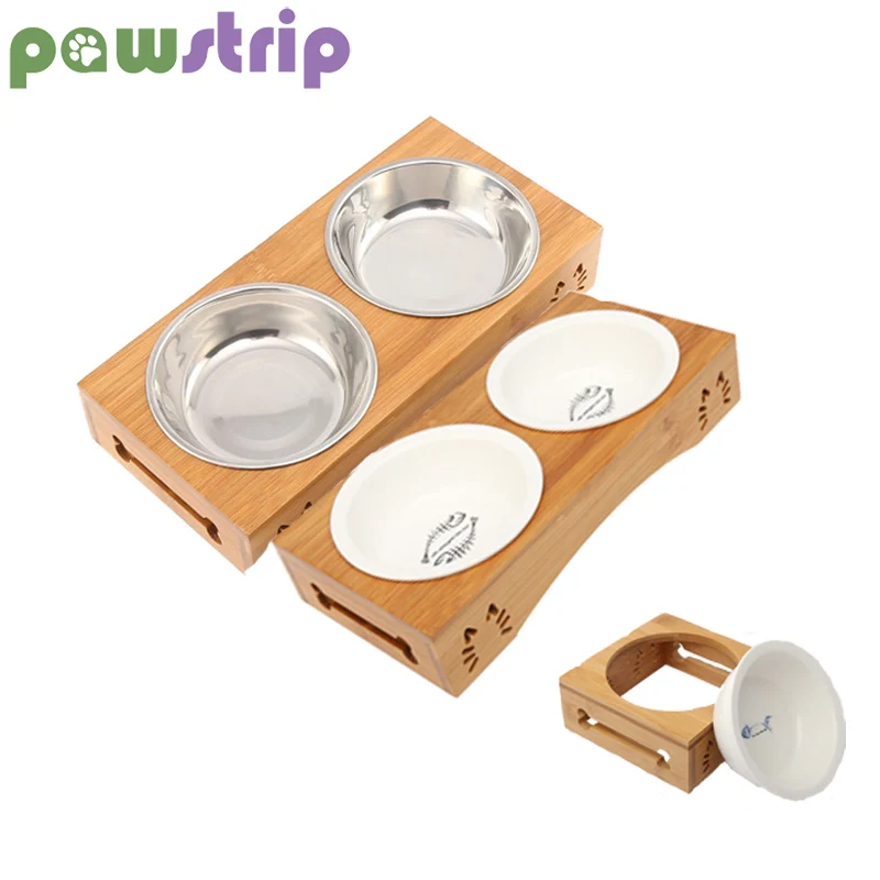 Маленькая миска для собак pawstrip бамбуковый держатель кормушка кошек керамическая