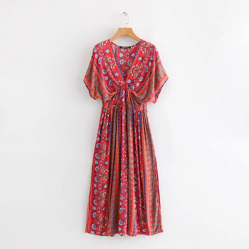 

2019 New Boho Chic Red Floral print Summer Split Beach Long dress Female Bat sleeve V neck High Waist Maxi Women dresses#N684