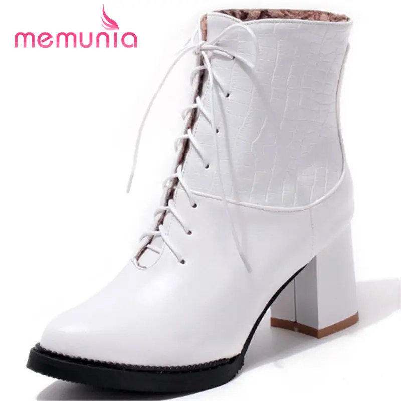 

MEMUNIA new arrive 2018 autumn winter high heel boots lace up ankle boots for women high quality pu leather boots size 33-43