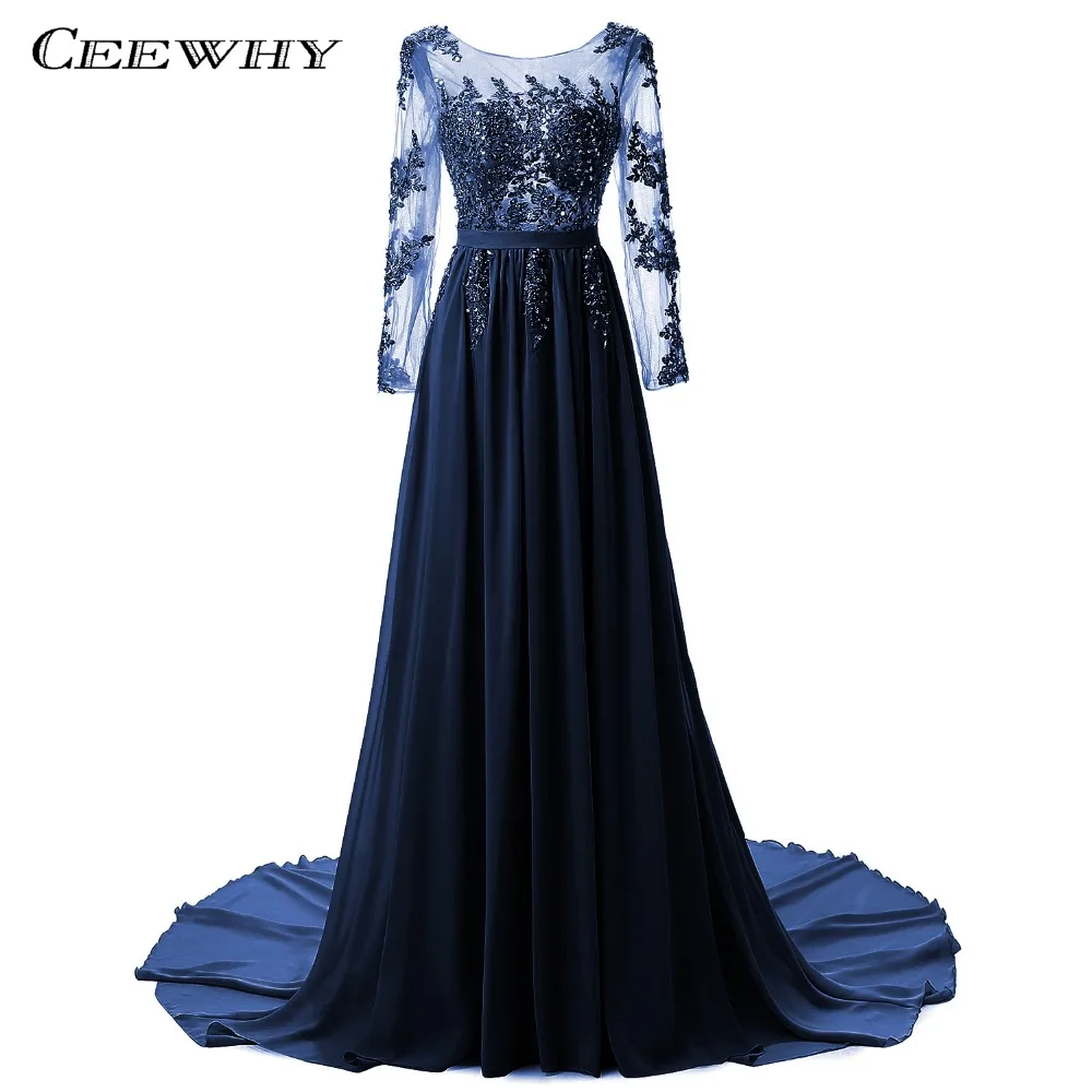 CEEWHY Burgundy Crystal Evening Dresses Embroidery Evening Dress Long Sleeve Chiffon Formal Prom Dress Robe de Soiree Vestidos