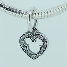 Подходит для Pandora Браслеты мышь бусины в форме сердца с четким CZ и вырезанная мышь силуэт стерлингового серебра 925 ювелирные изделия