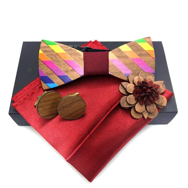 Новый дизайн мужские Радужный бант галстук набор дерева галстуки Bowties Свадьба Бизнес костюм деревянные галстуки-бабочки платки kraagje НЭП dames