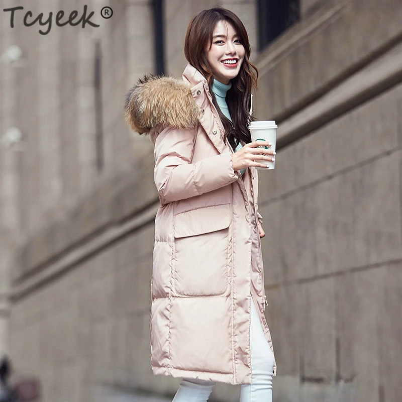 Tcyeek зимняя куртка-пуховик на 90% утином пуху, женские толстые теплые длинные пальто, женская розовая одежда, большая женская одежда с меховым