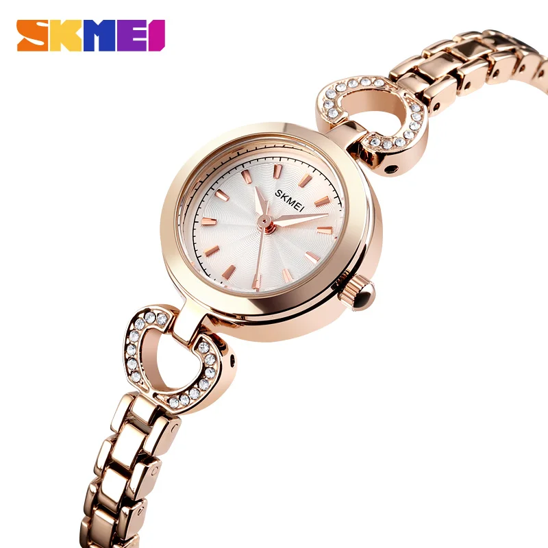 SKMEI новые модные кварцевые часы для женщин люксовый бренд браслет из нержавеющей стали часы дамы Стразы платье часы женские часы