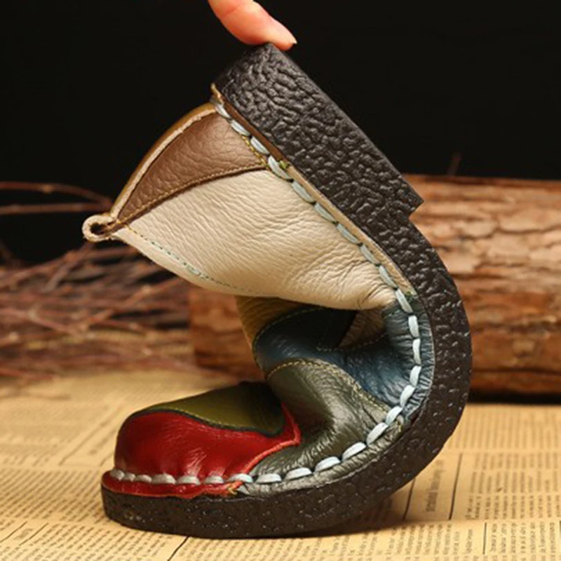 Этническая Стиль ручной работы Пояса из натуральной кожи Мягкая обувь женские Разноцветные Повседневные туфли на плоской подошве с цветочным принтом обувь с круглым носком обувь