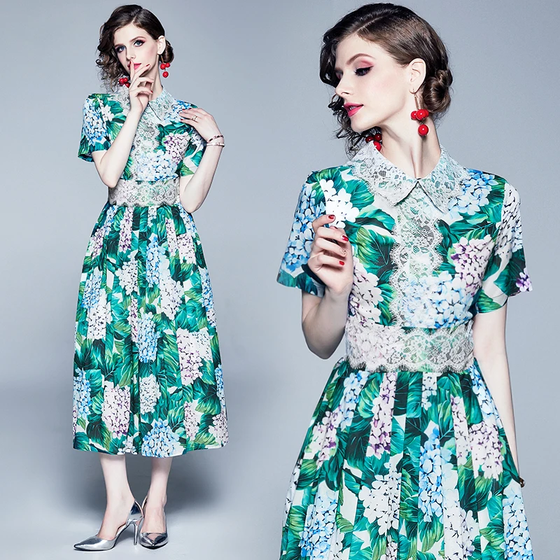 

Printed lace French niche retro short-sleeved temperament print dress