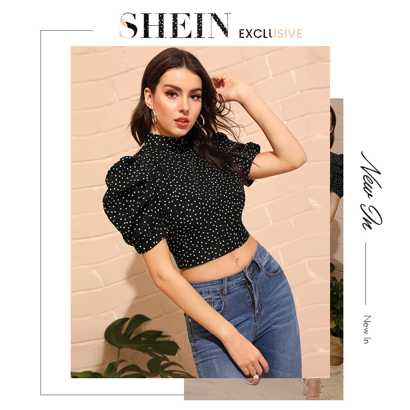 SHEIN, сексуальная черная блузка с воротником-стойкой, пышным рукавом и узлом, открытая спина, Топ в горошек, женская летняя блузка,, облегающие Блузы для улицы