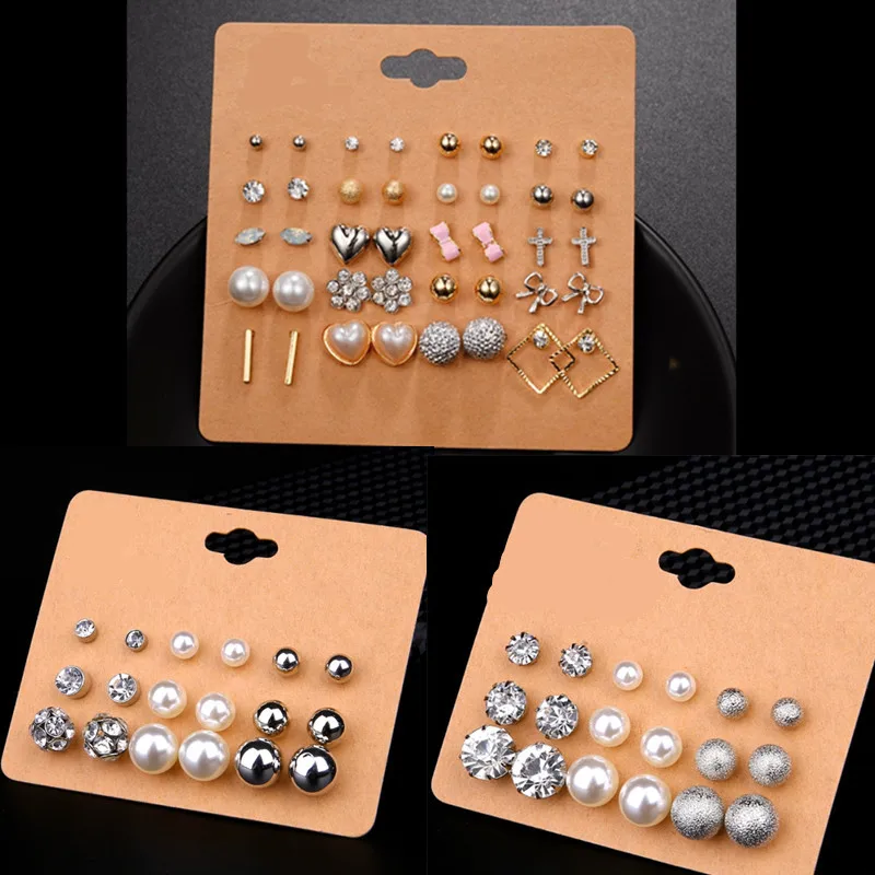 

9/20 Pairs/lot Punk Mixed Birds Star Heart Cross Shaped Small Stud Earrings Set For Women Imitation Pearl Jewelry Brincos