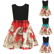 Милое платье принцессы без рукавов с круглым вырезом и рисунком кота для маленьких девочек Рождественские наряды дизайнерская повседневная одежда