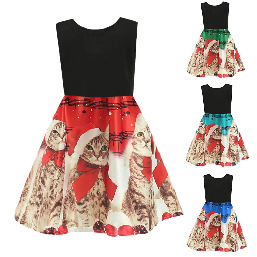 

Cute Toddler Baby Girls Cartoon Cat Printed O-Neck Sleeveless Princess Dress Christmas Outfits Design Casual Clothes 2019