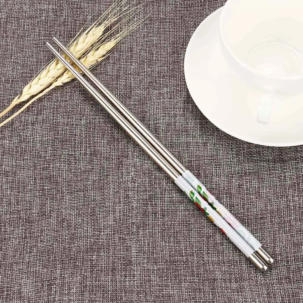 1 пара Высокое качество китайский стиль Длина белый цветочный узор нержавеющая сталь Палочки для еды Пара Новые портативные палочки