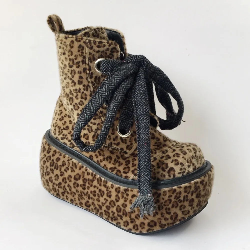 

Japanese Harajuku Horsehair Leopard High Platform Round Toe Women Lolita Ankle Boots Lace-Up Lolita Snow Boots