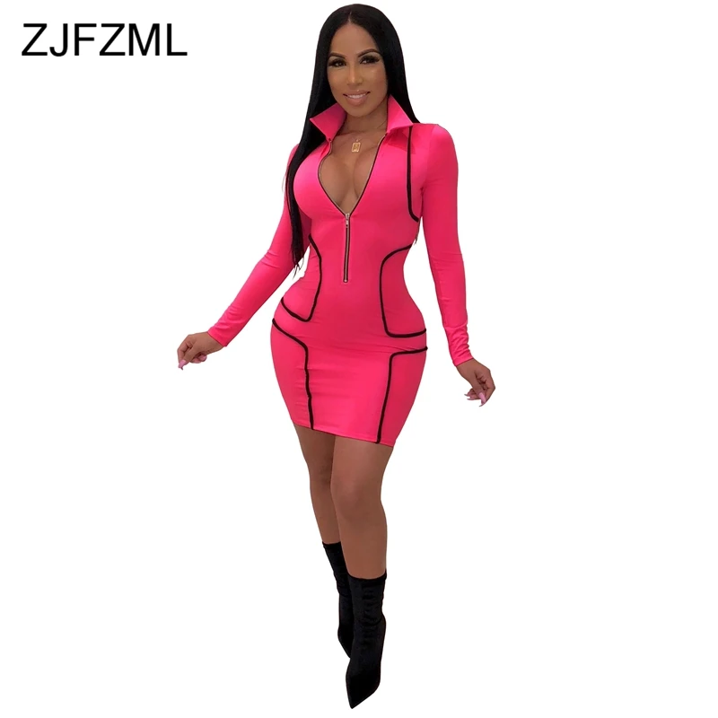 

Striped Patchwork Sexy Plus Size Dress Women Turn Down Collar Full Sleeve Pencil Dress Streetwear Color Block Front Zipper Dress
