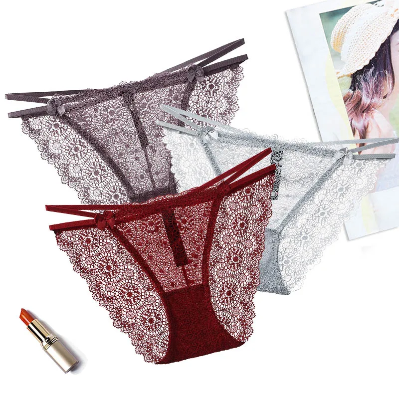 

3pcs Sexy Lace Panties For Women Seamless Lingerie Transparent Hollow Briefs Low Waist Cotton Underpants Ladies Underwear #D