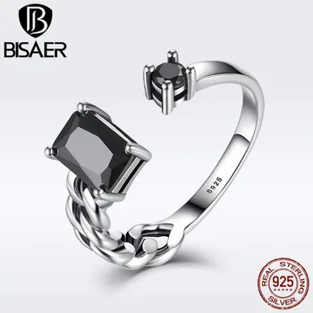 

BISAER Genuine 925 Sterling Silver Vintage Square & Round with Black Clear CZ Ring for Women Sterling Silver Jewelry EER043