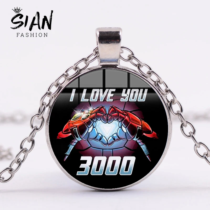 

SIAN Iron Man Tony Stark Heart I Love You 3000 Times Necklace Fashion The Avengers 4 Endgame 3D Printed Glass Dome Round Pendant