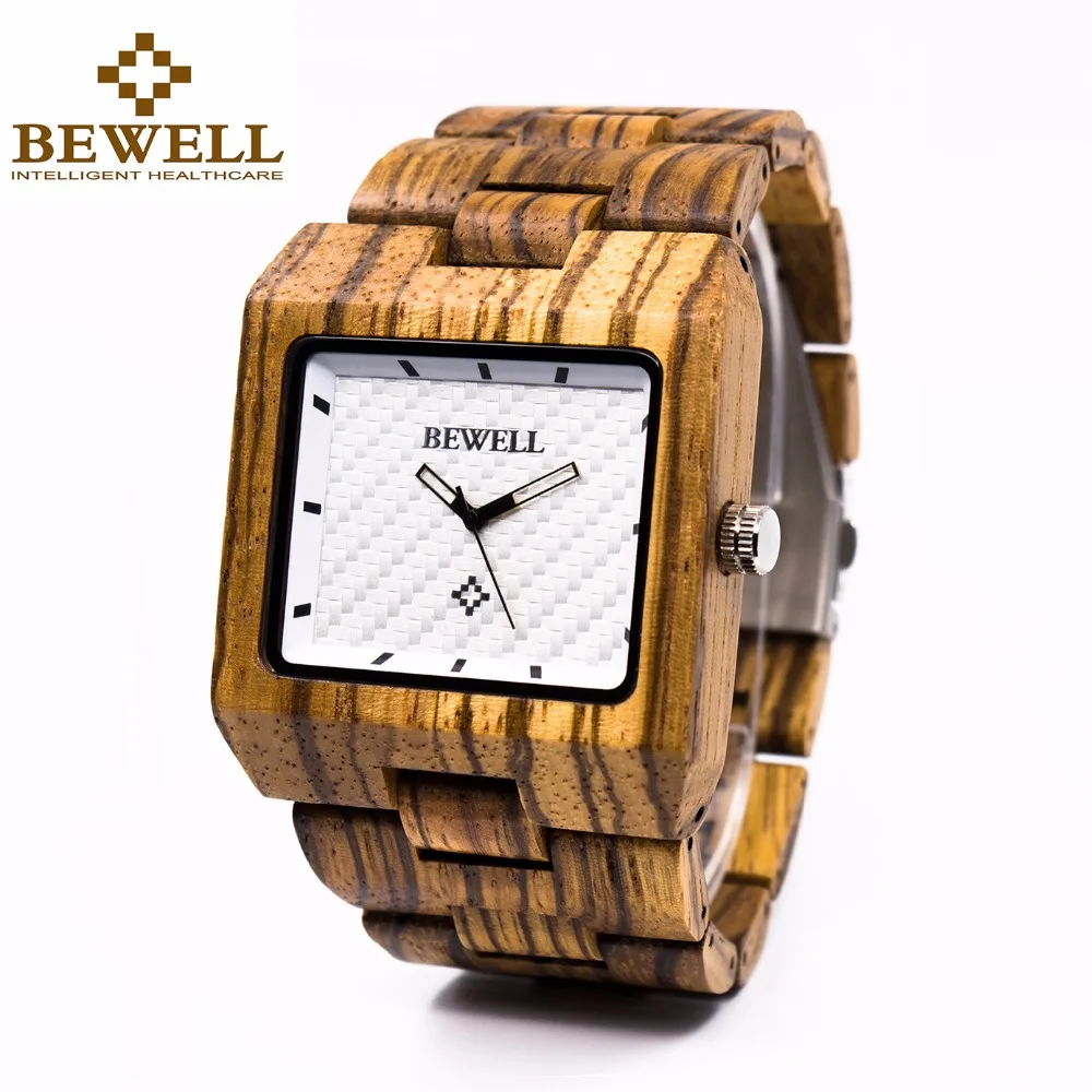 

BEWELL Square Dial Mens Wooden Watches Natural Zebra Wood Analog Quartz Wristwatch for Business Men Relogio Masculino 016A