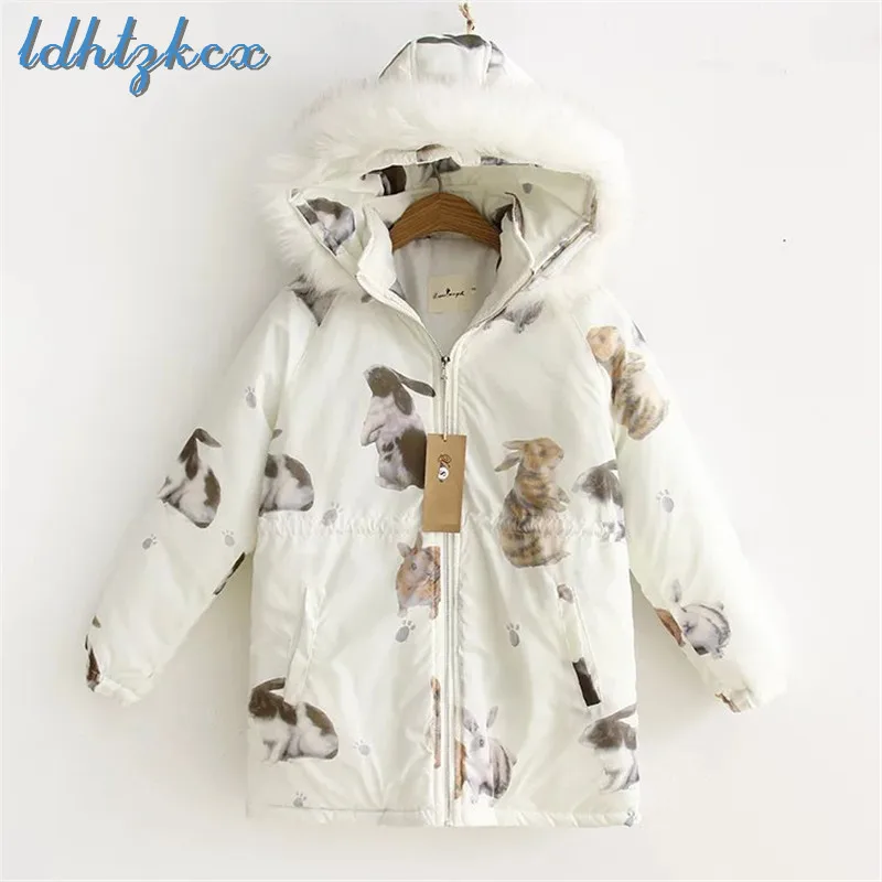 

LDHTZKCX Rabbit Cotton Hooded Coat Female 2018 Winter New Sweet Cute Zipper Pockets Japan Style Students Parkas LD586