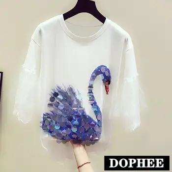 

2019 Summer New Fashion Loose Lace Trumpet Sleeve T-shirt Women Swan Printing Sequins Long Top Tees Girls Students