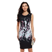 Summer Bodycon Dresses Women Elegant Floral Print Dress Ladies Sexy Fitness Sleeveless Black Party Gown Round Neck Female Dress
