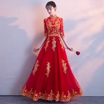 Novelty Chinese Female Long Qipao Marriage Clothes RED Oriental Bride Wedding Dress Elegant Slim Mandarin Collar Cheongsam new red embroidery flower female modern cheongsam elegant mandarin collar chinese style dress cotton long sleeve qipao l xxl