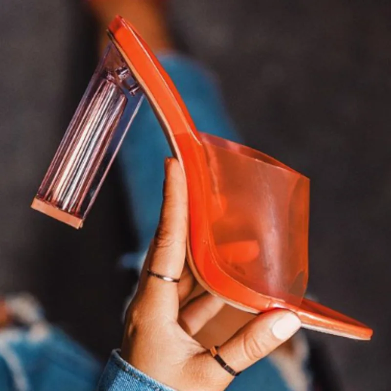 

Summer Women Ankle Strap Sandals PU Slip On Square heel Transparent 9.5CM High Heels Sandals Women Shoes Sexy Pumps