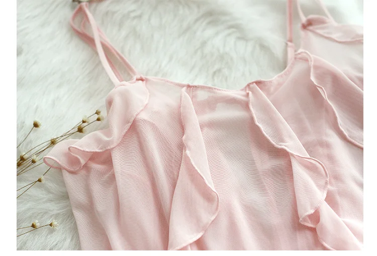 Свежие розовые пижамы женские крест-ремни сексуальные оборки Ультра короткие топы трусики пижамный комплект Ночная рубашка ночное белье костюм