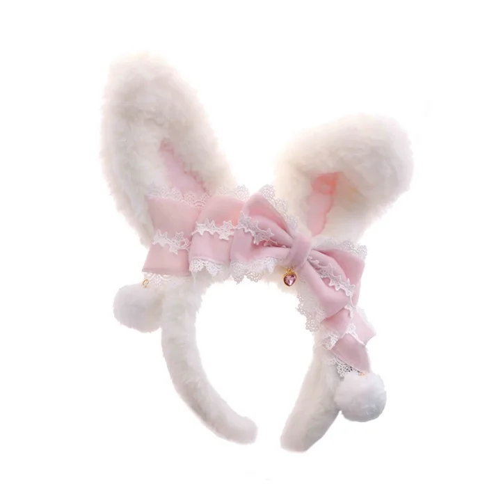 Милый женский пушистый кролик уши повязка на голову для ребенка KC японский Лолита девушки Kawaii Белый головной убор горничной волос обруч - Цвет: Белый