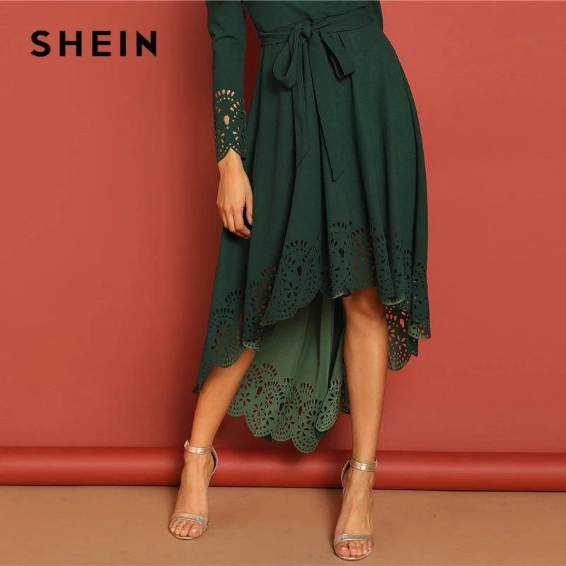 SHEIN Элегантное Платье С Поясом И Ажурным Низом Платье С Длинными Рукавами И Молнией