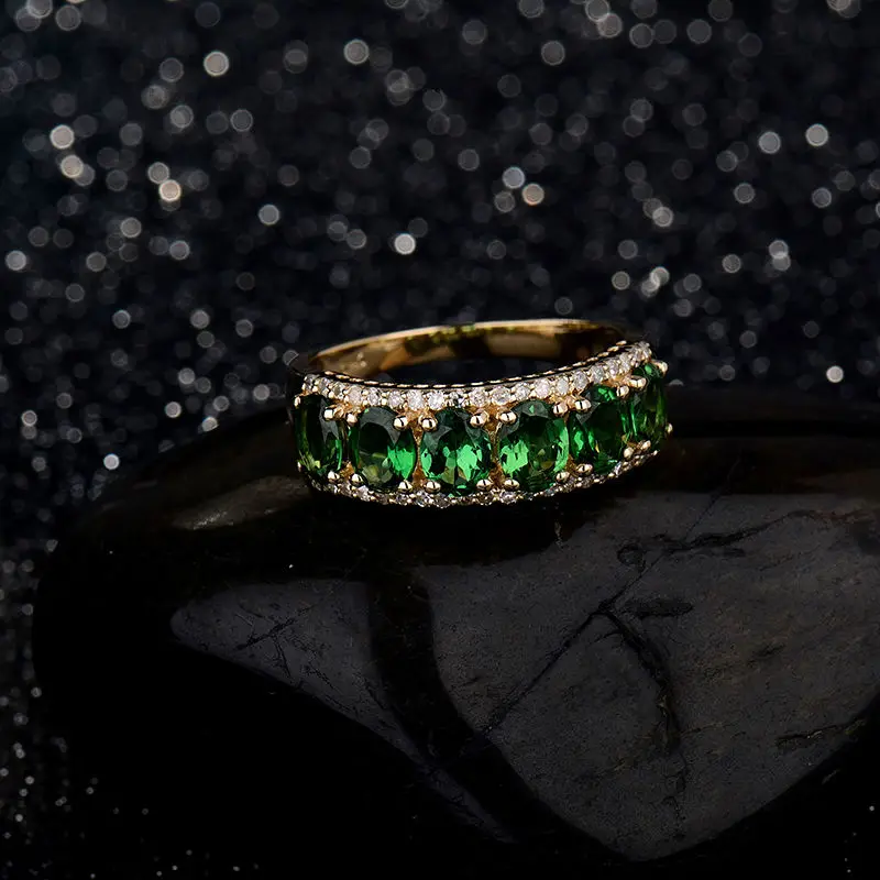 Твердые 14 К желтого золота натуральный зеленый камень цаворит юбилей кольцо настоящий бриллиант ювелирные украшения для женщин подарок