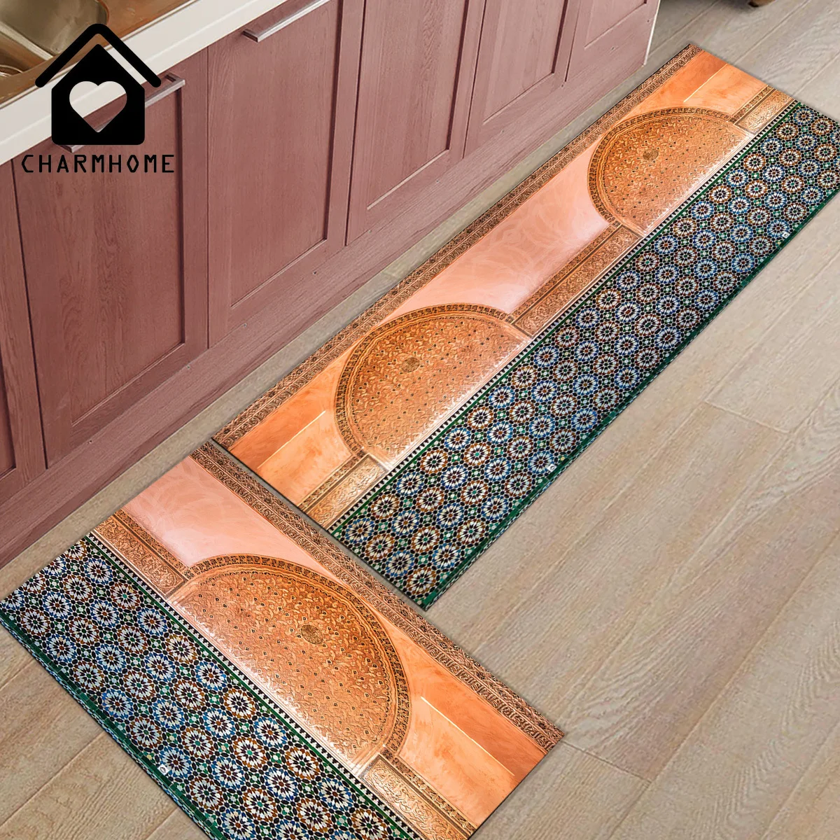 

CHARMHOME 2Pcs/Set Vintage Moroccan Geometric Checks Long Kitchen Mat Carpet Floor Mats Home Doormat Bedroom Living Room Rug