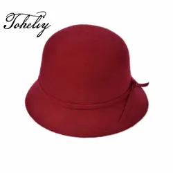 Новый Фирменная Новинка 100% шерсть канотье Купол Сверху бантом шляпа для Для женщин фетровая шляпа Laday прок пирог Chapeu де Feltro котелок