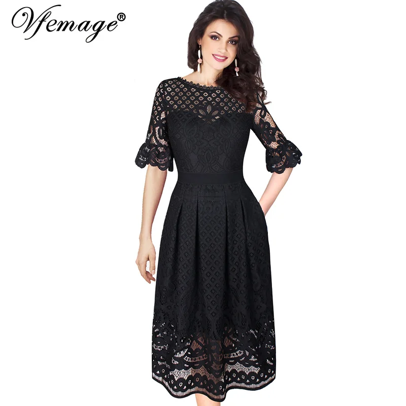 Vfemage женщин Винтаж See Through Floral Lace Bell рукава карманы лоскутное Вечеринка Fit and Flare A Line