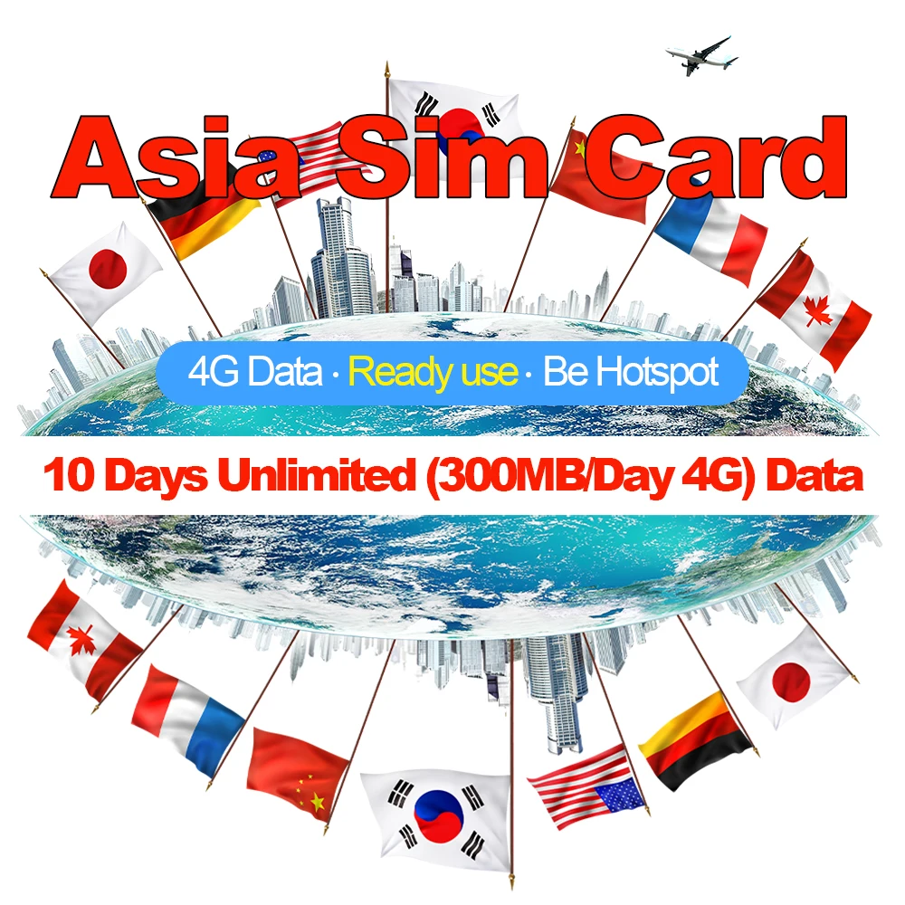 

Mewfi Asia Universal Travel Sim Card 10 Days Unlimited Data 300MB/Day 4G Data Unactivated Local Network Mobile Sim Card Prepaid