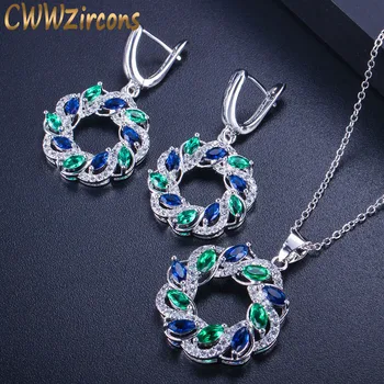 

CWWZircons Trendy Brand Big Round Drop Austrian Blue And Green Crystal Earrings And Pendant Necklace Jewelry Set For Women T291