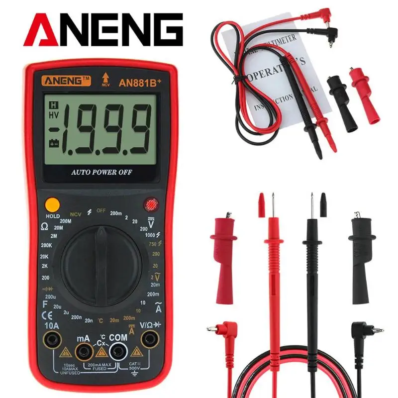 

AN881B+ Digital Multimeter Supports NCV AC DC Auto Meter Tester Temprature Tester with Crocodile Clips LCD Digital Multimeter