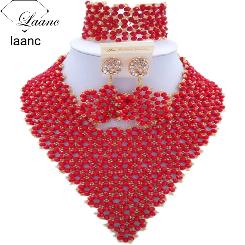 

Laanc Brand Fashionable Nigerian Wedding African Bridal Jewelry Sets Red Crystal Beads Necklace AL292