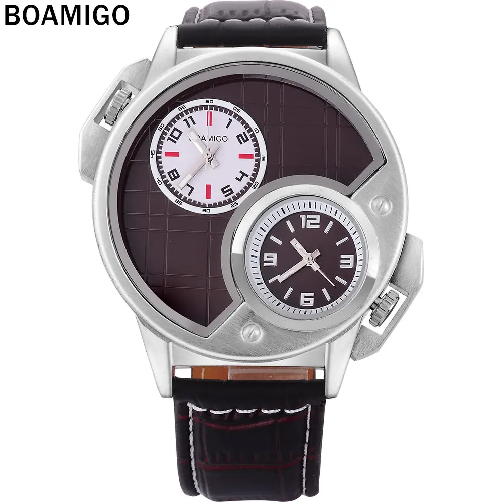 

BOAMIGO 2018 new popular brand men watches fashion casual sports quartz watch Dual Time clock brown leather Relogio Masculino