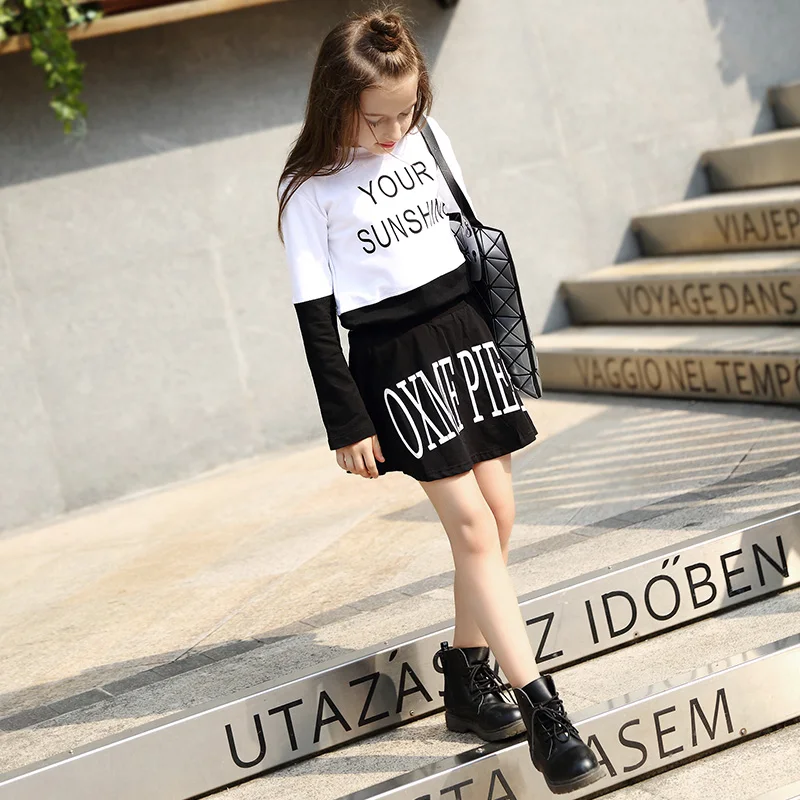 2016 Большая Девочка Осень Дизайн Платья Для Девочек-Подростков Дети Хлопчатобумажную Рубашку 2 Шт. платье На 5 Лет 6 7 8 9 10 11 12 13 14 Лет