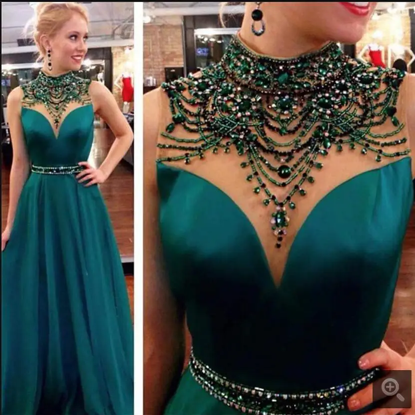 Dark Green High Neck Evening Dresses 2017 Luxury Crystal Beads A Line