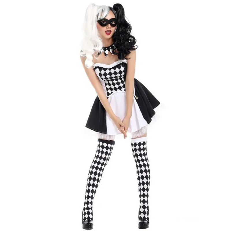 Women Carnival Party Halloween Costume Lady Female Black White Clown Cosplay Costumes Hallowmas