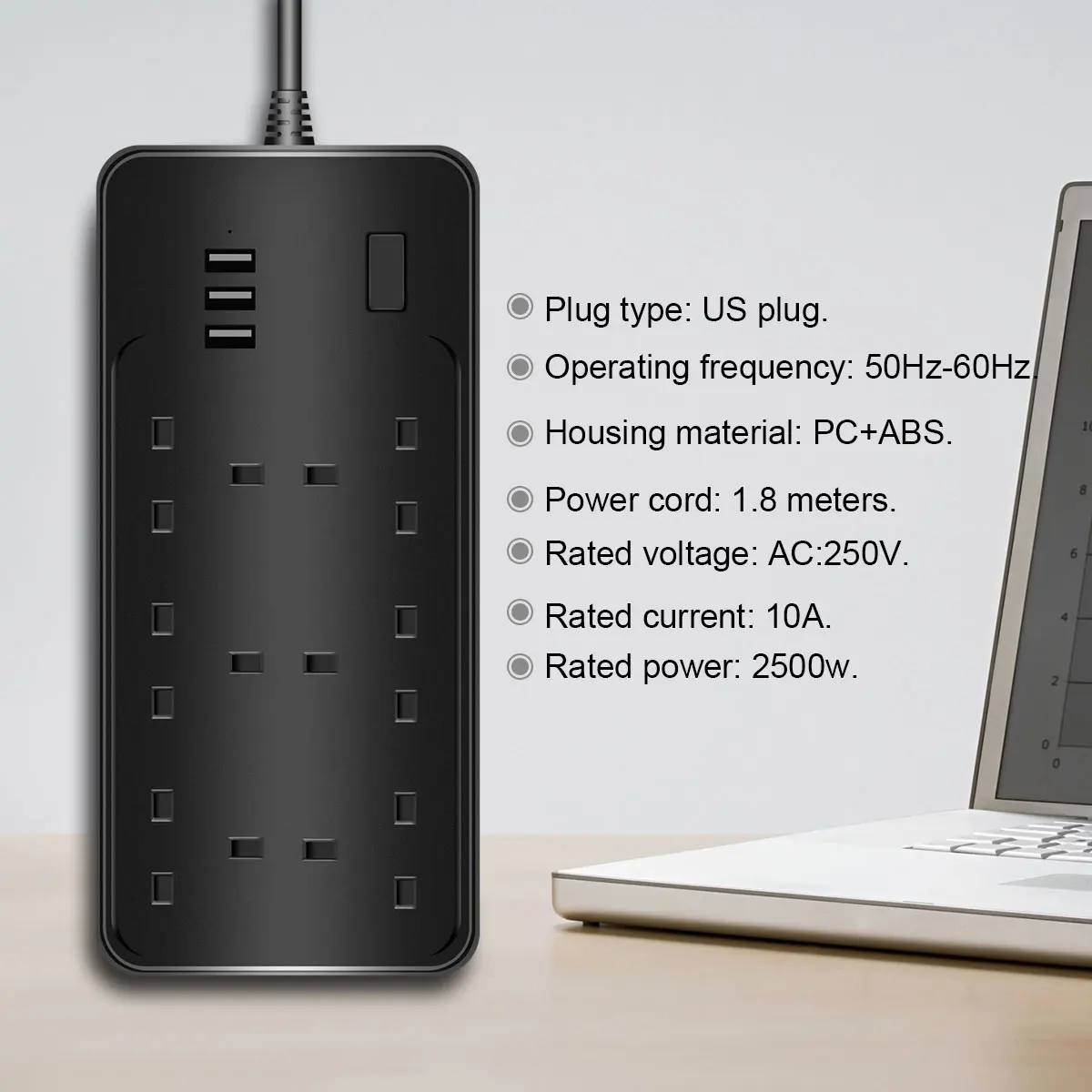 

USB Desk Wall Power Strip Smart UK Plug Overload Switch Surge Protector 6 Outlet 3 Port USB Charger 1.8m