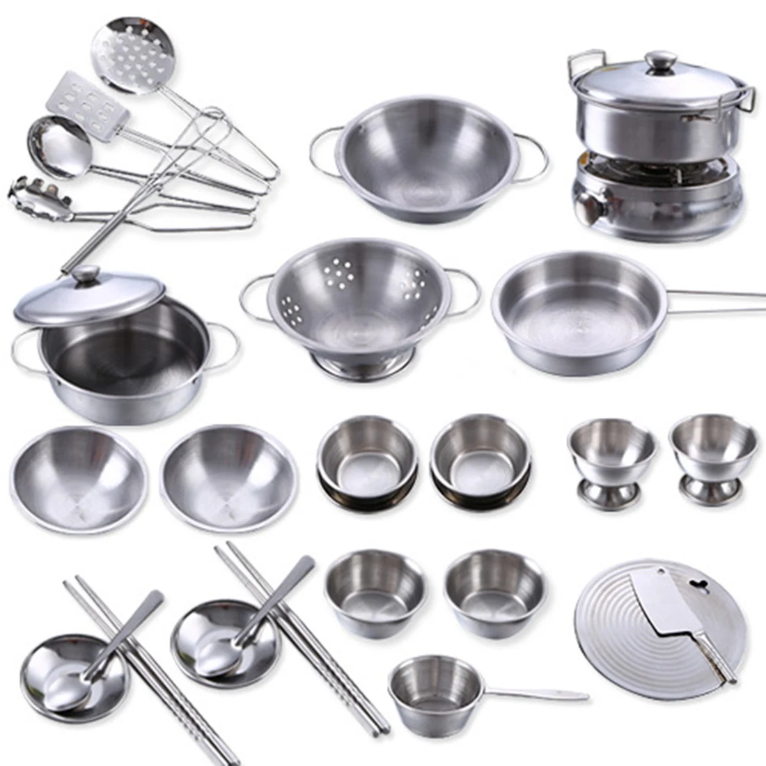 

32Pcs/set Stainless Steel Kids Kitchen Cooking Cookware Toy Children Pretend & Play Kitchen Playset - Silver